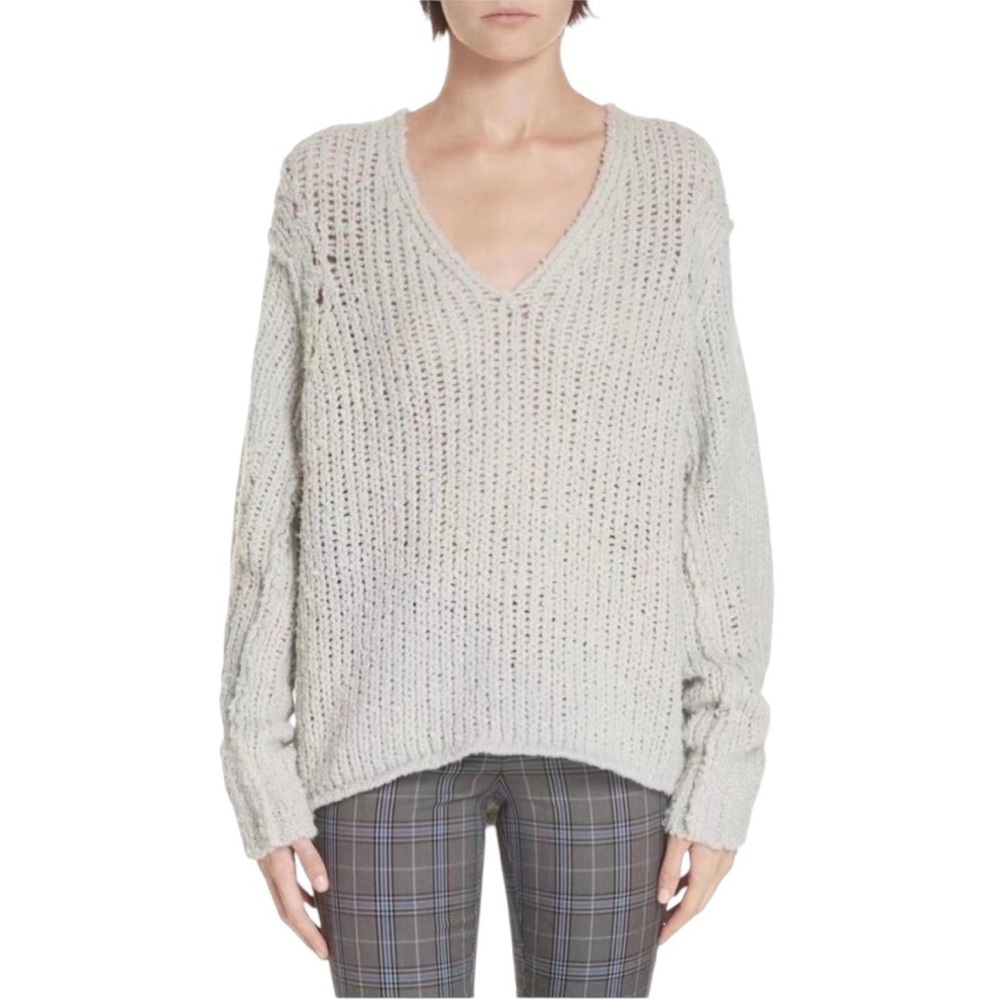 Rag & Bone Arizona Open Knit Merino Wool Sweater Light Gray V-Neck Size M